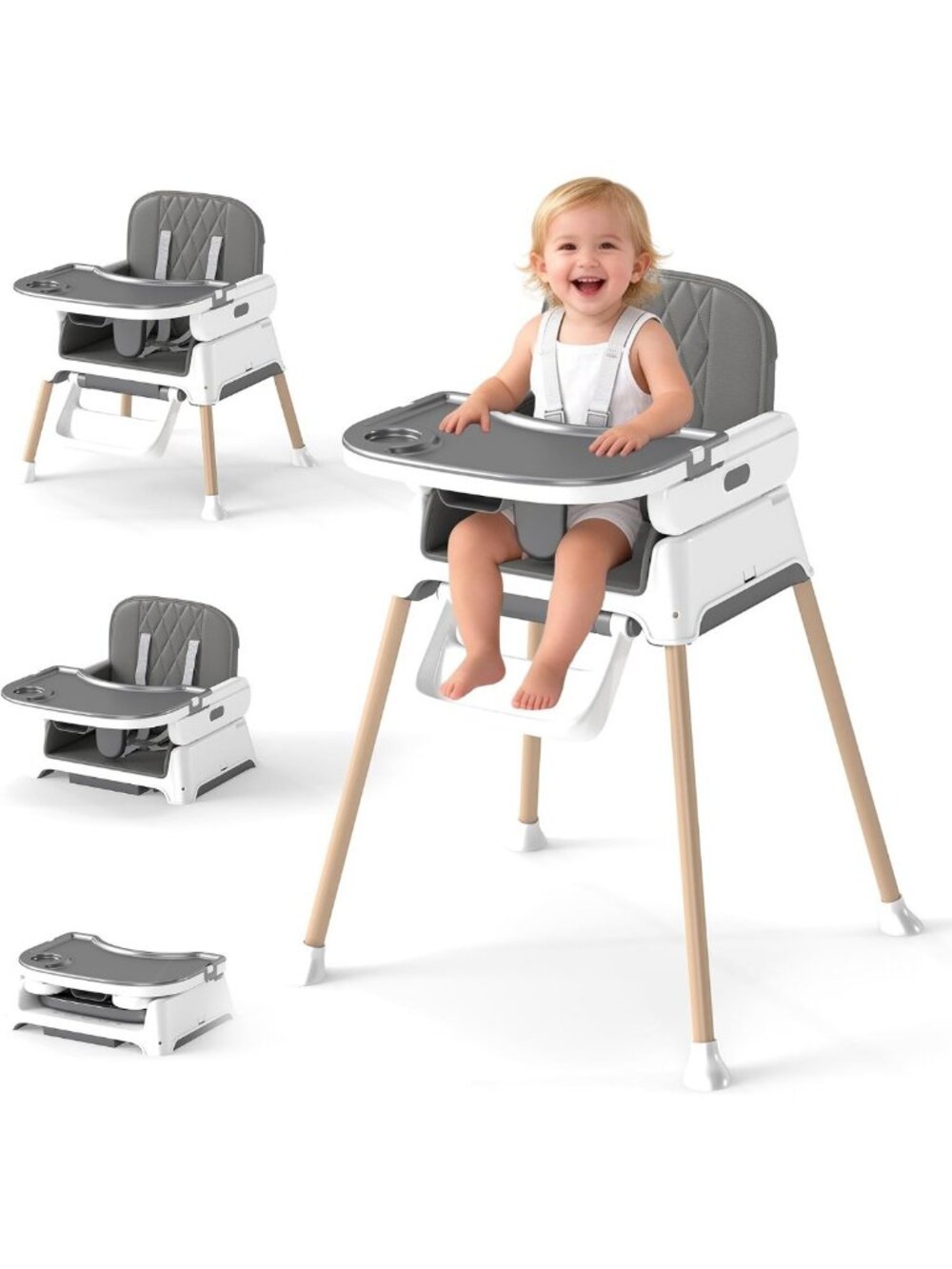 4-in-1 Portable Baby High Chair & Booster Seat, Adjustable Tray, Easy Clean